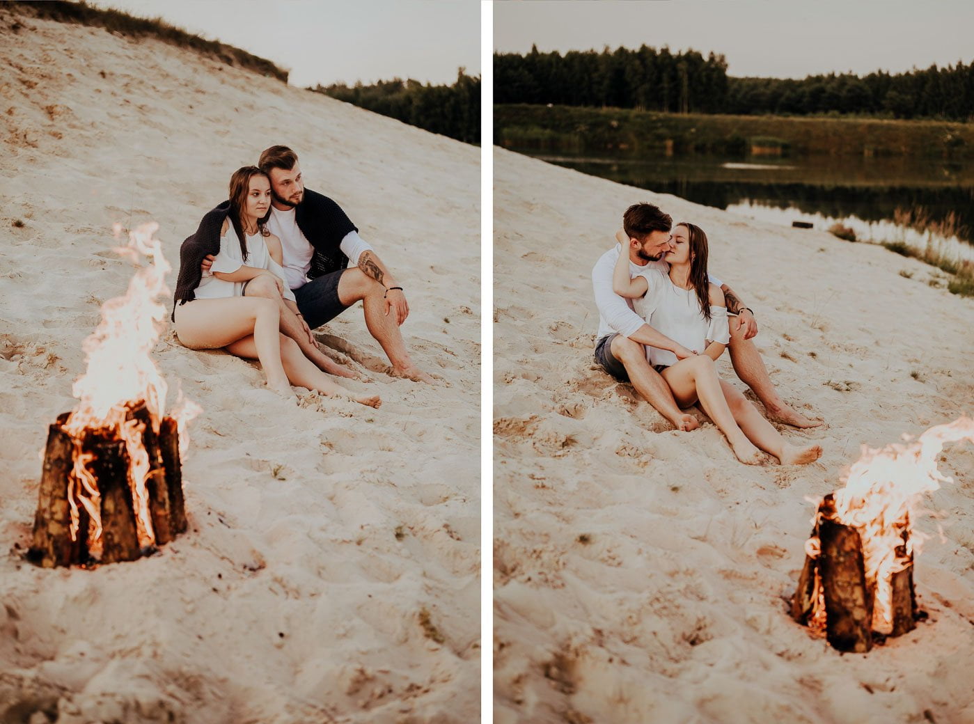 zakochana para siedzi na plaży przy ognisku