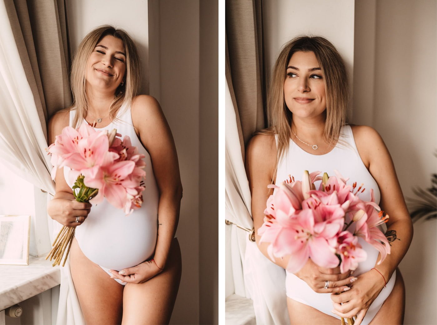kobieta w ciąży trzyma kwiaty i uśmiecha się